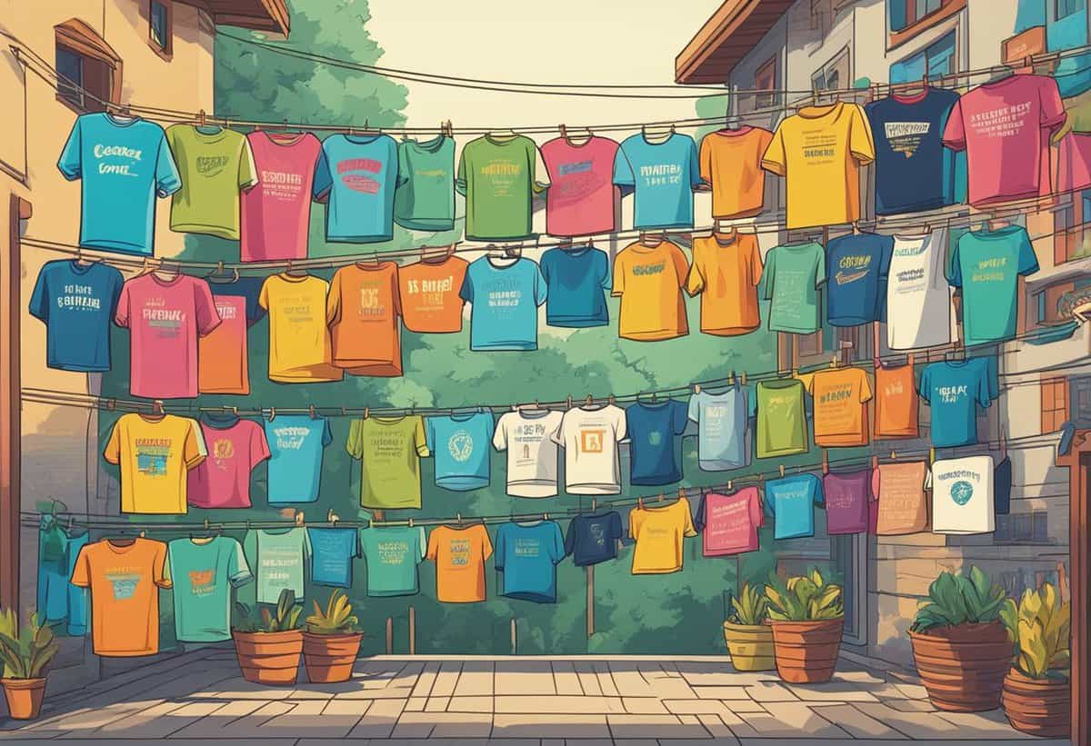 Rows of colorful t-shirts hanging across a quaint courtyard.