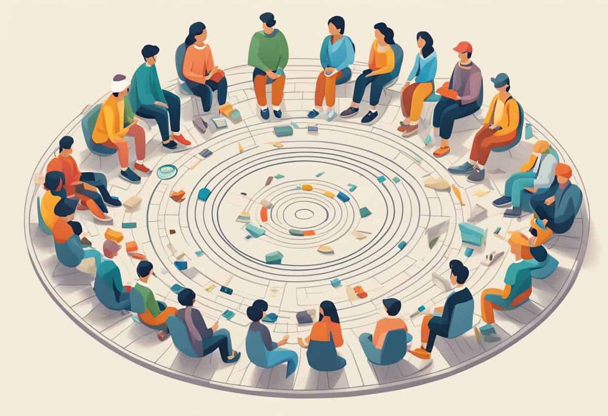 Illustration of a diverse group of people sitting in a circular formation for a group discussion or meeting.