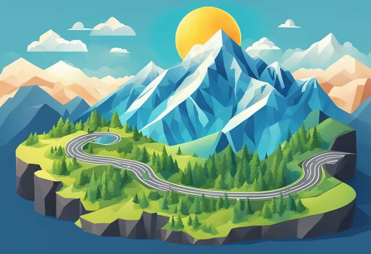 A stylized illustration of a mountainous landscape with a winding road and a bright sun in the background.