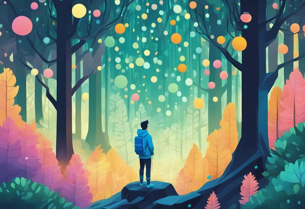 A person standing on a rock gazes into a colorful, stylized forest with light orbs floating among the trees.