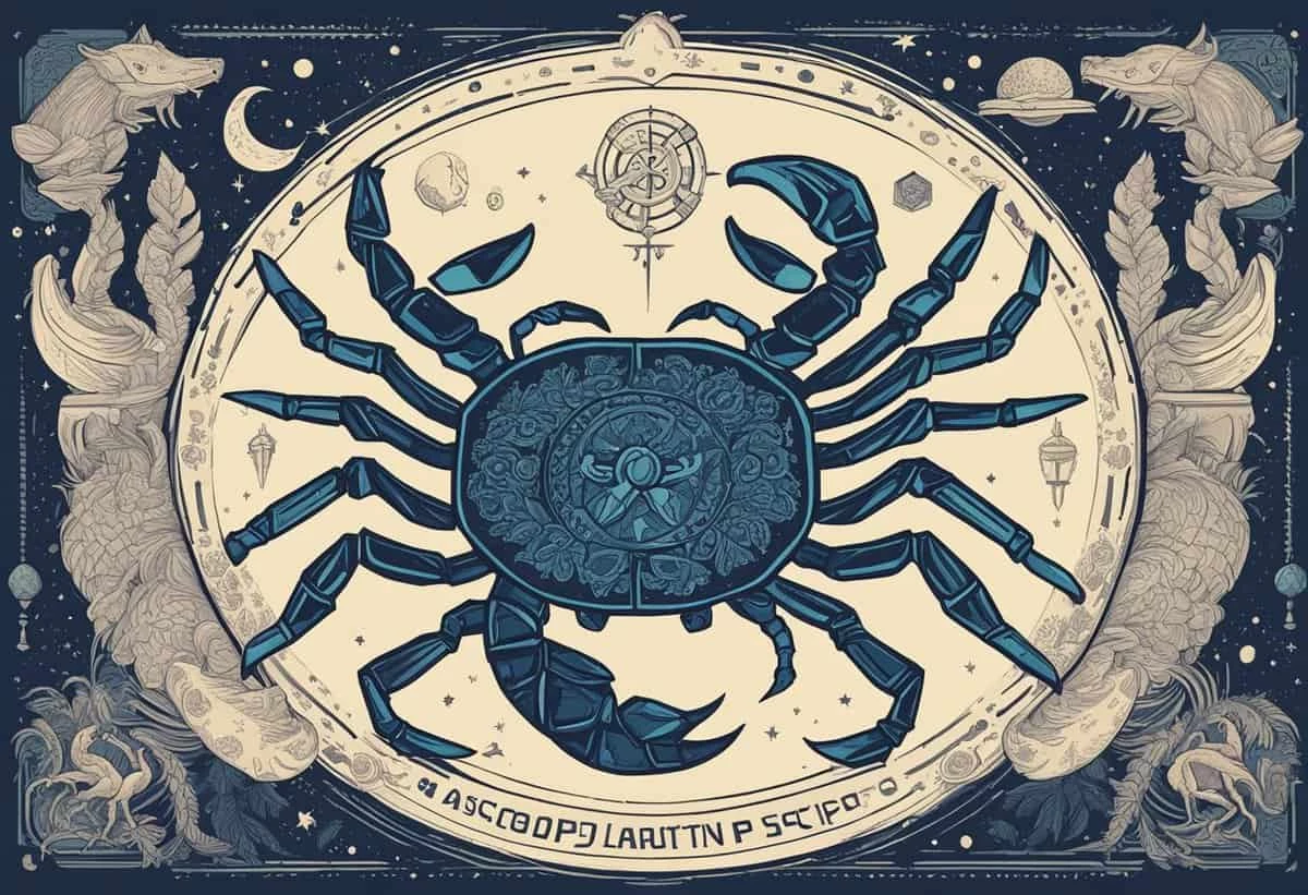 An intricately designed astrological illustration featuring the zodiac sign cancer with a large crab centerpiece, surrounded by celestial motifs and symbols on a dark background.