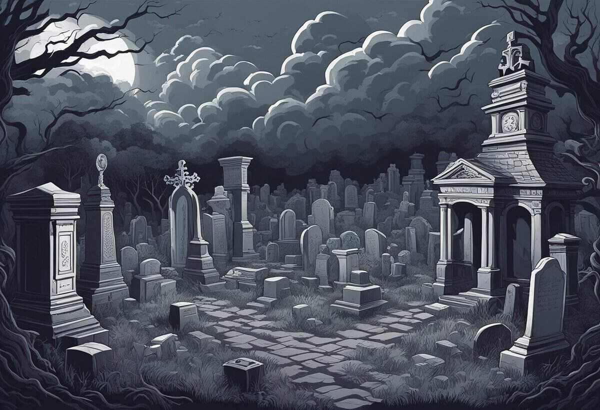 Monochrome illustration of an eerie, moonlit graveyard with elaborate tombstones and a mausoleum.