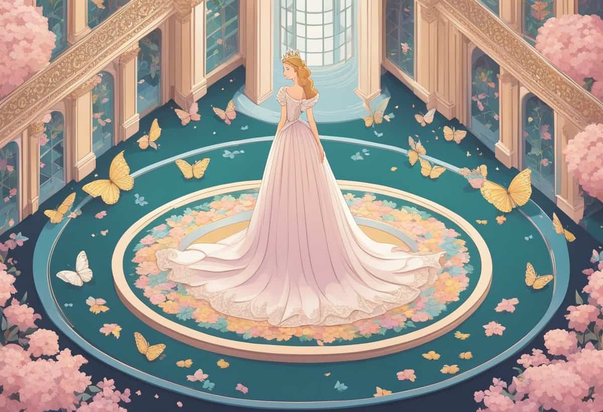 An illustrated scene of a woman in an elegant gown standing in a circular room surrounded by blooming flowers and butterflies.