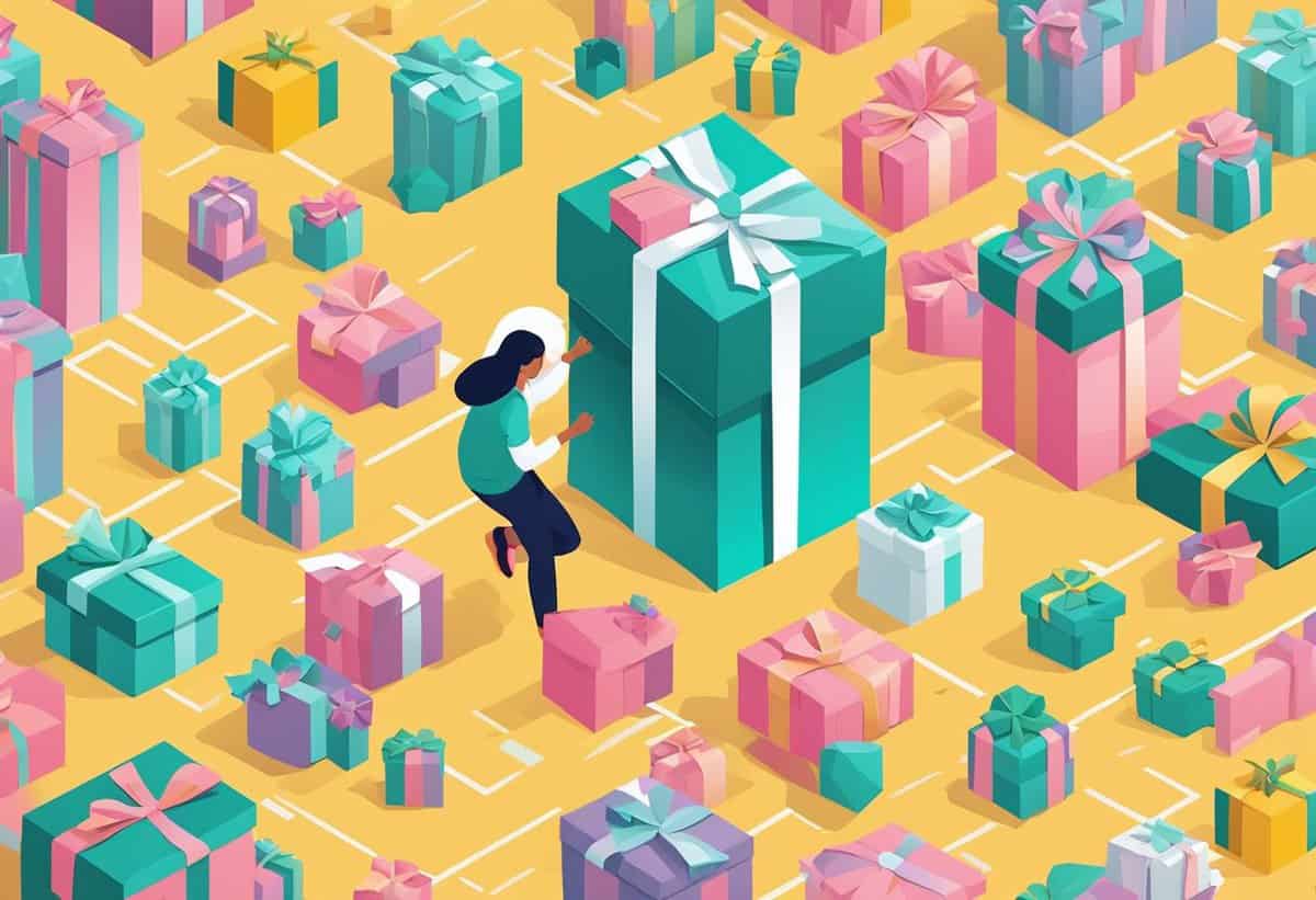 A person in a field of oversized, colorful gift boxes.