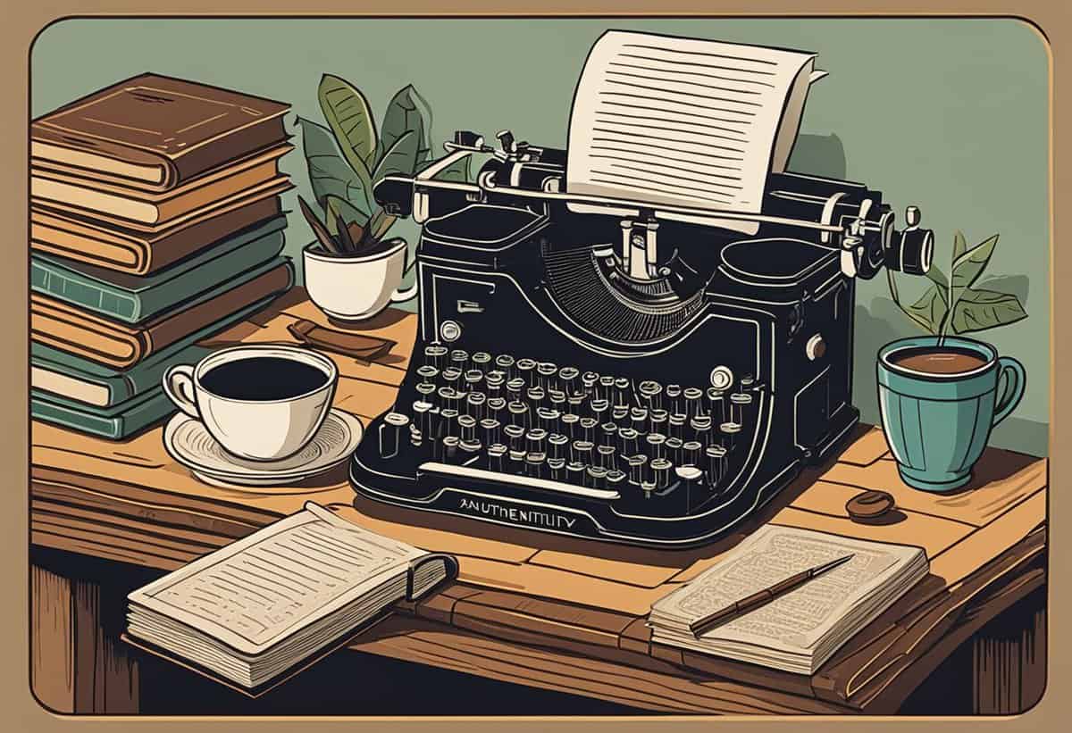 Vintage typewriter on a desk with stacks of books, a potted plant, and two cups of coffee.