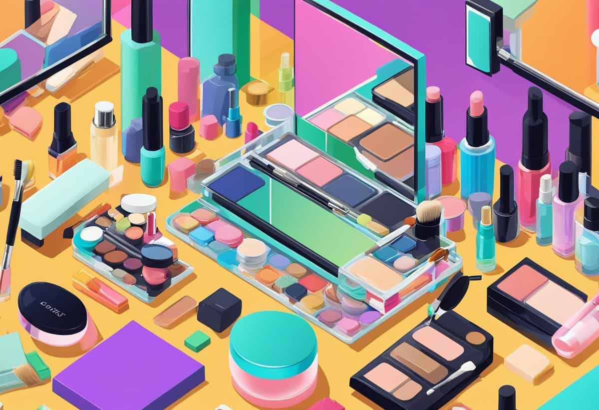 A colorful array of assorted makeup products arranged neatly on a flat surface.