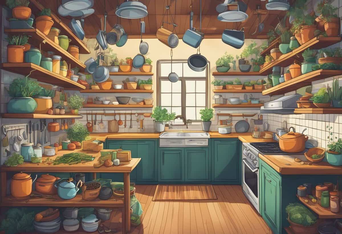 A well-organized, rustic kitchen with wooden shelves filled with pots, pans, and plants, featuring a prominently positioned window above the sink.