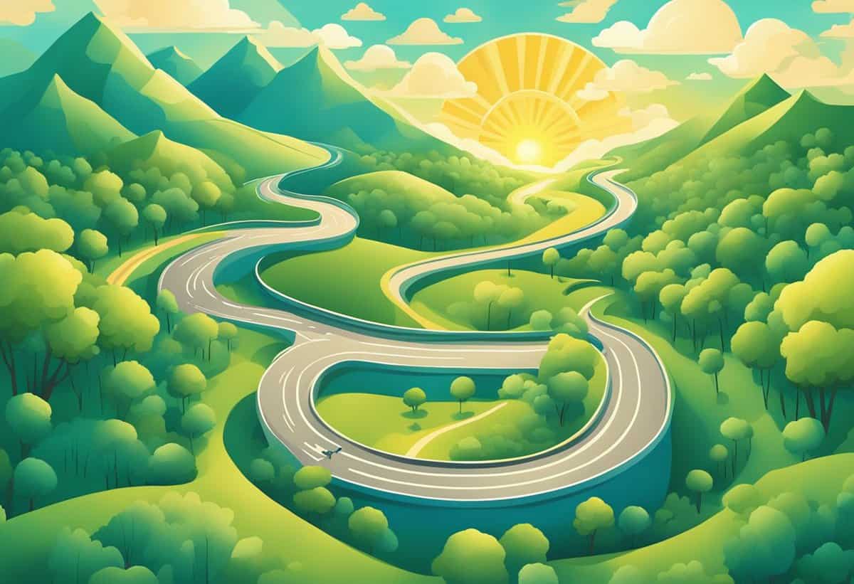 Winding road through a vibrant, stylized green landscape with mountains and a rising or setting sun in the background.