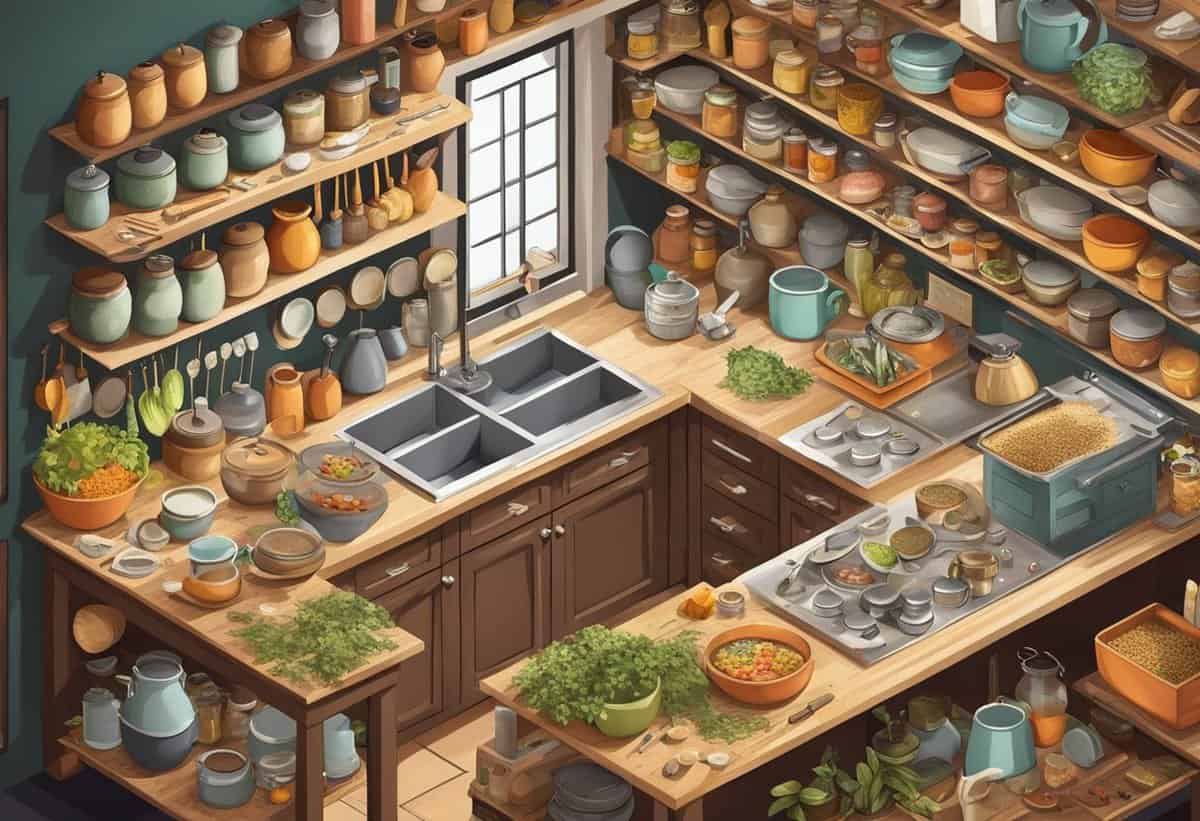 A well-stocked kitchen with an array of utensils, pots, and fresh ingredients, suggesting meal preparation in progress.