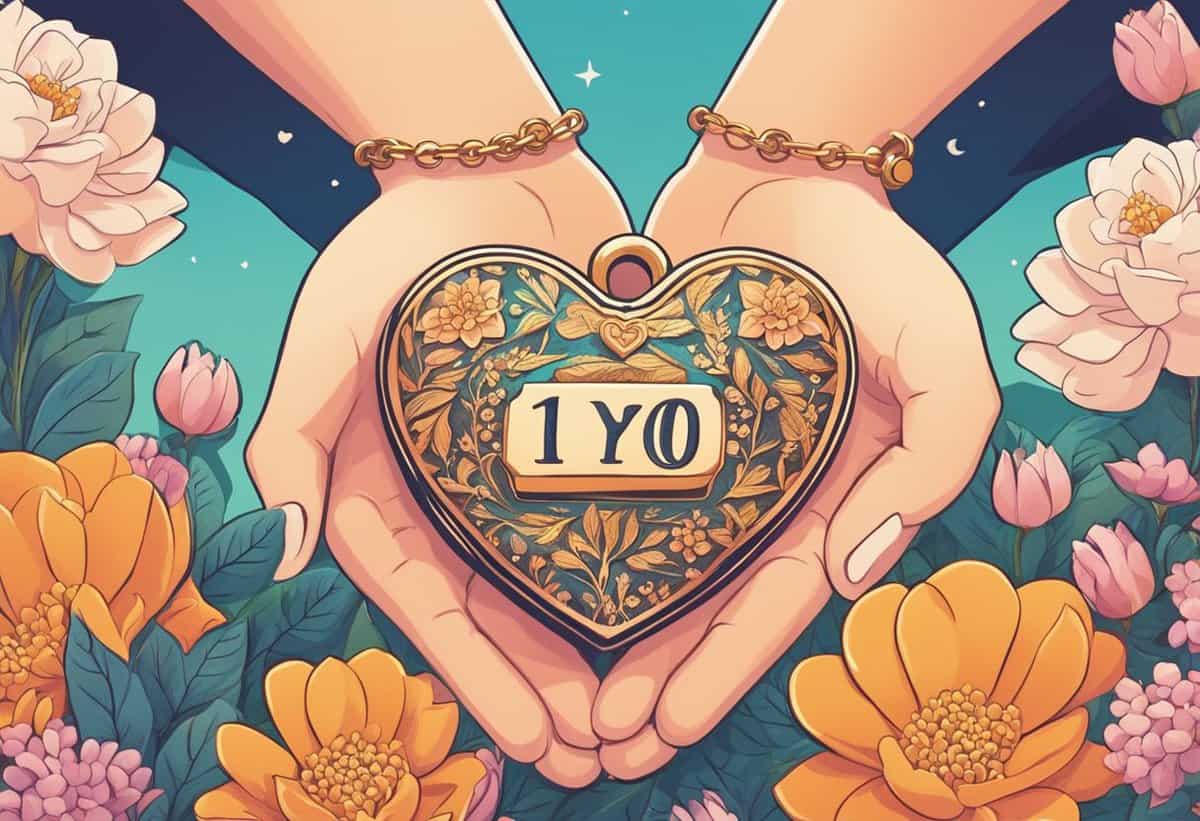 Illustration of hands cradling a heart-shaped locket with "1 yo" inscription, surrounded by vibrant flowers.