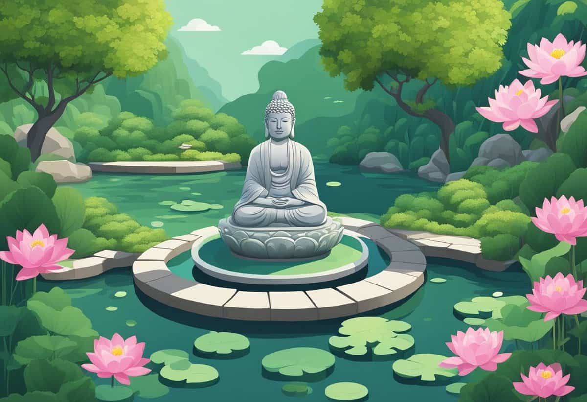 A serene illustration of a buddha statue sitting in the center of a lotus pond surrounded by lush greenery and blooming pink lotus flowers.