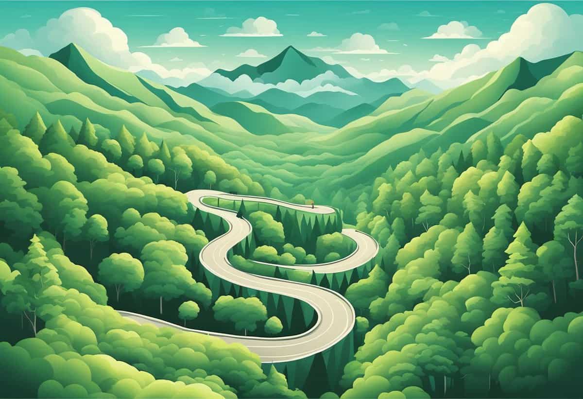 A winding road cuts through a lush green landscape of hills and mountains.
