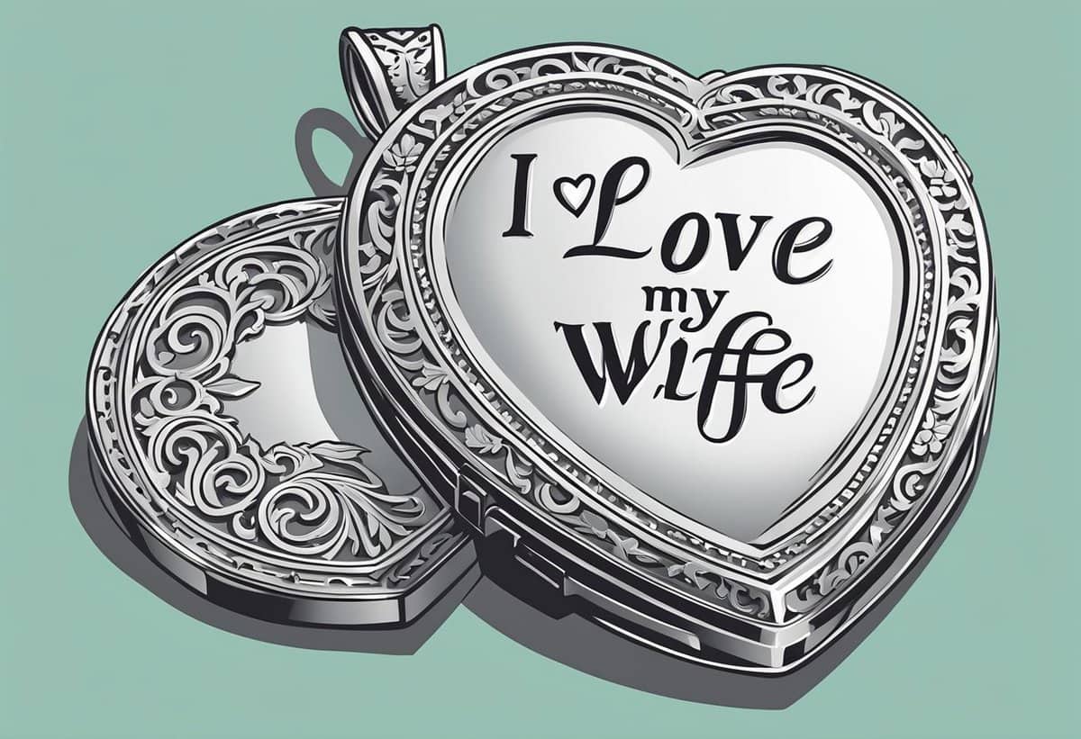Silver heart-shaped locket with "i love my wife" engraved inside.