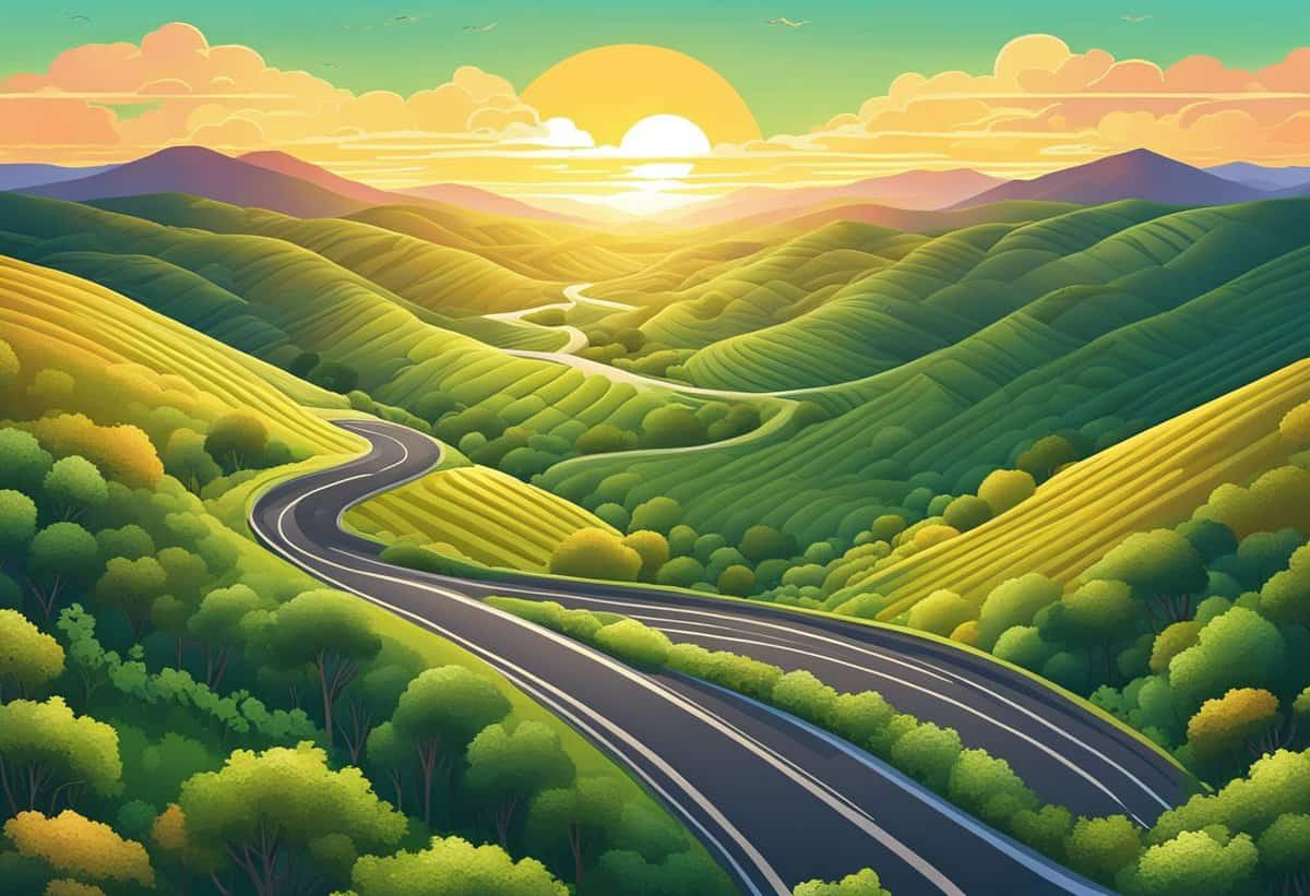 Sunset over a winding road through rolling green hills.