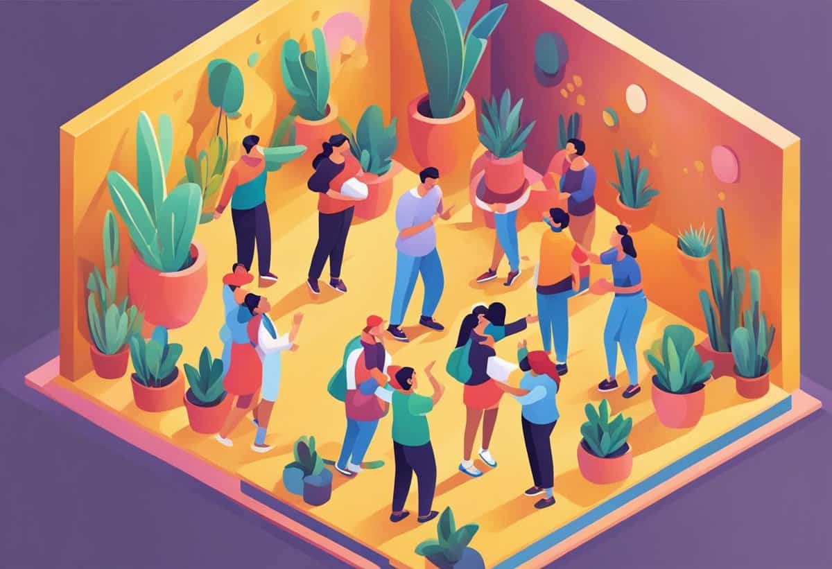 Illustration of a vibrant social gathering in a room filled with plants and multiple people engaged in conversation.