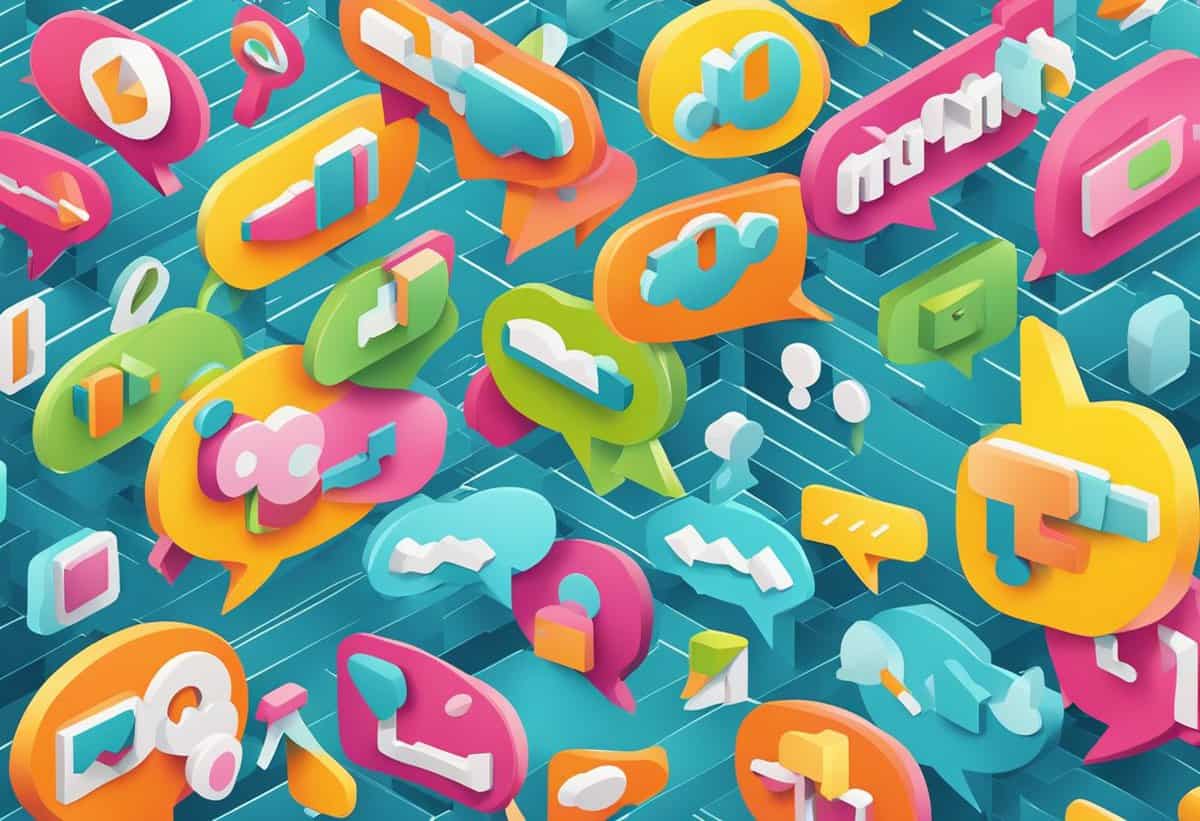 An array of colorful 3d social media and communication icons floating above a patterned background.