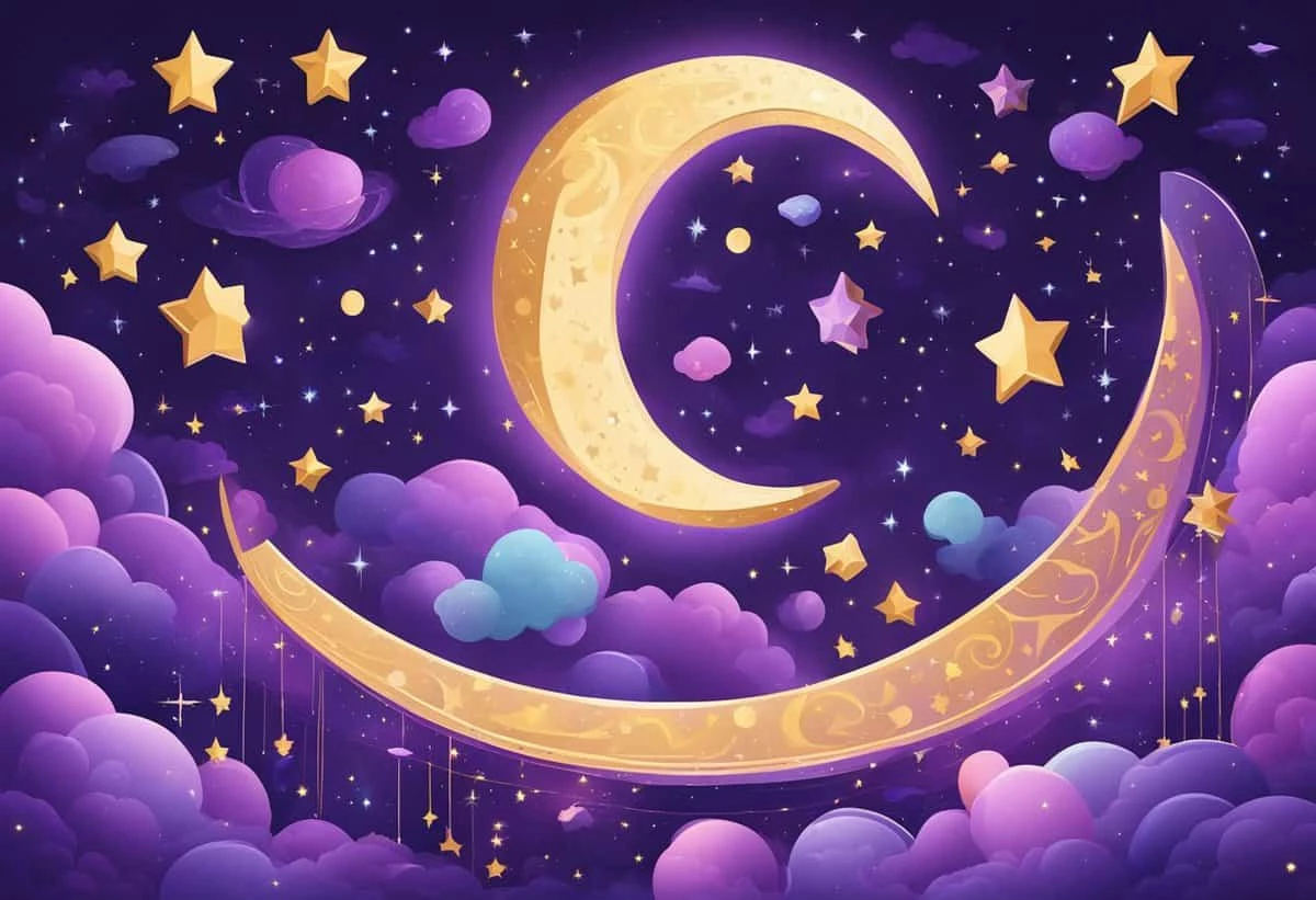 Illustration of a whimsical crescent moon with stars and clouds set against a starry night sky.
