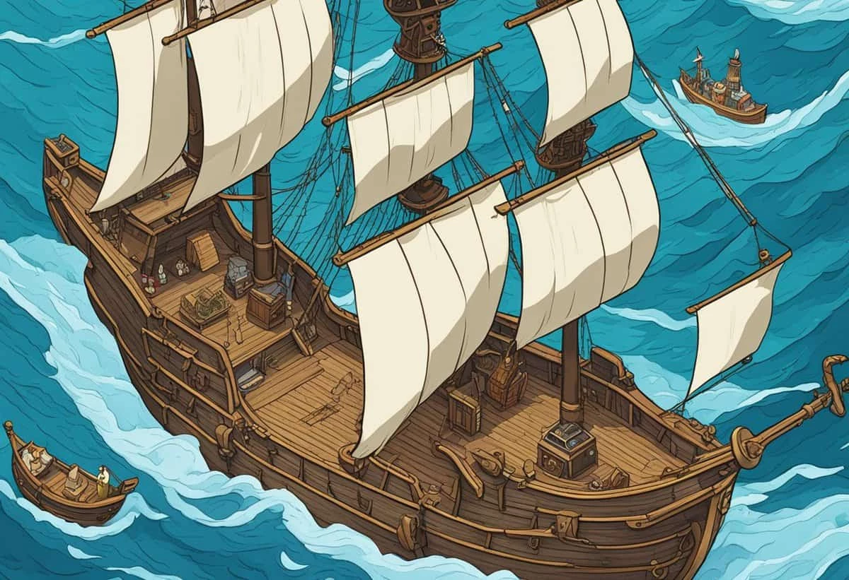 Illustration of a large sailing ship with billowing sails on the open sea followed by a smaller boat.