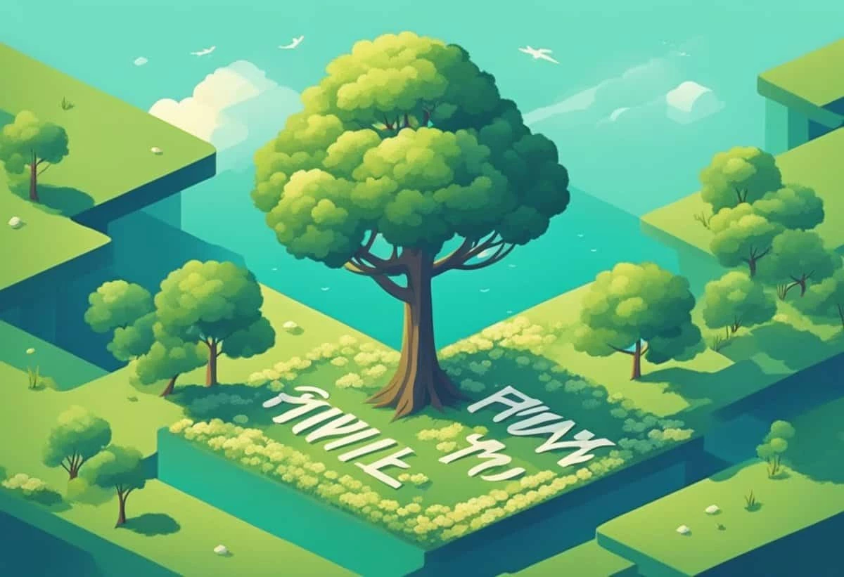 Isometric illustration of a stylized landscape with a prominent tree and the words "play trivia" integrated into the terrain.
