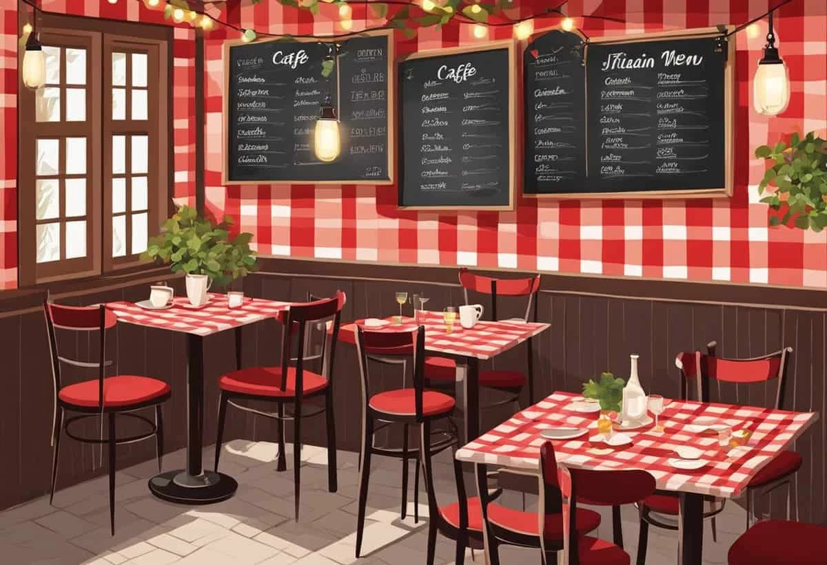 A cozy, empty cafe interior with red and white checkered tablecloths, chalkboard menus on the wall, and a warm, inviting atmosphere.