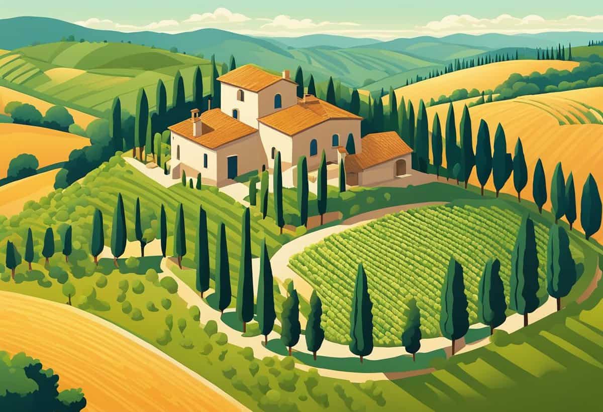 Rolling hills with vineyard and cypress trees surrounding a traditional farmhouse.