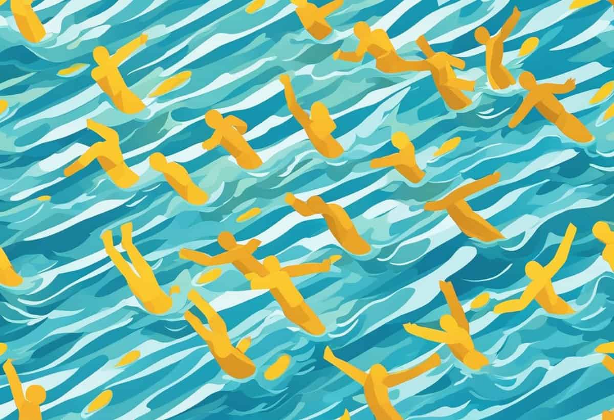 Illustration of numerous yellow figures floating or swimming in stylized blue water patterns.