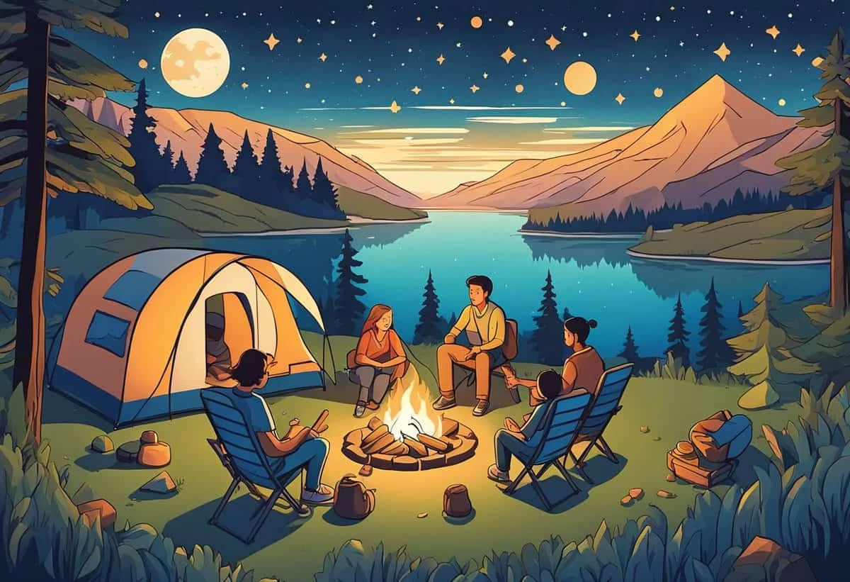 Four friends enjoy a campfire by a lakeside at twilight, with a tent nearby and a scenic mountain view under a starry sky.