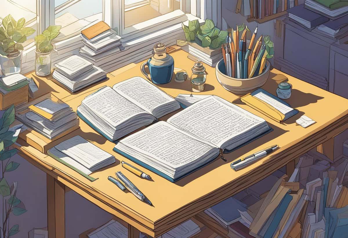 A cozy study area bathed in sunlight with open books, writing tools, and a teapot, suggesting a peaceful reading or study session.