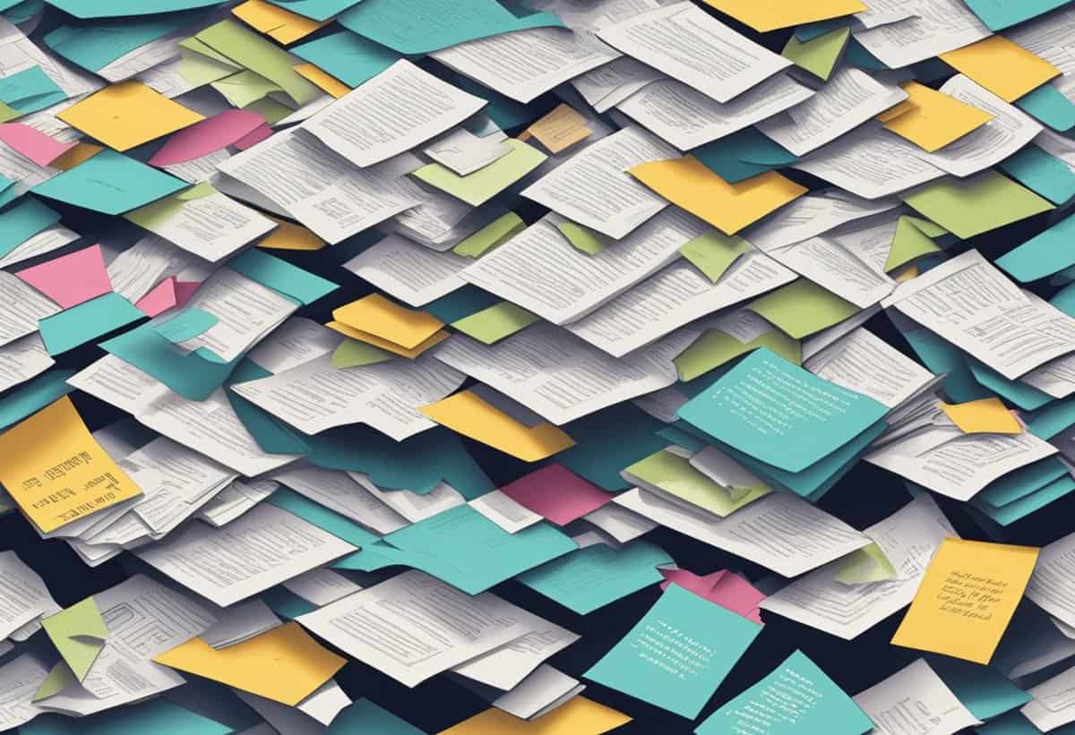 A chaotic assortment of paper sheets and sticky notes scattered in disarray.