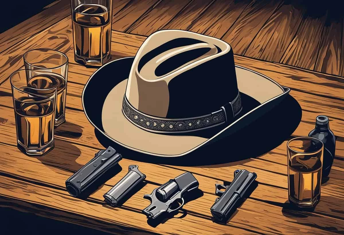 A cowboy hat, revolver, bullets, and two glasses of whiskey on a wooden table.