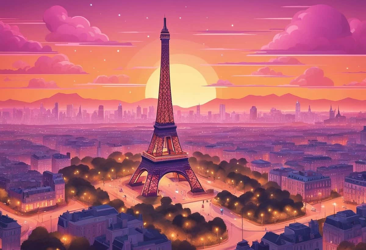 Sunset over the eiffel tower with a purple-hued skyline.