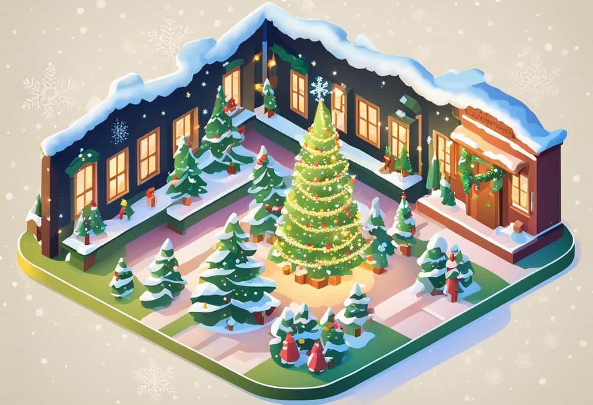 Illustration of a festive scene with a decorated christmas tree and snow-covered buildings.
