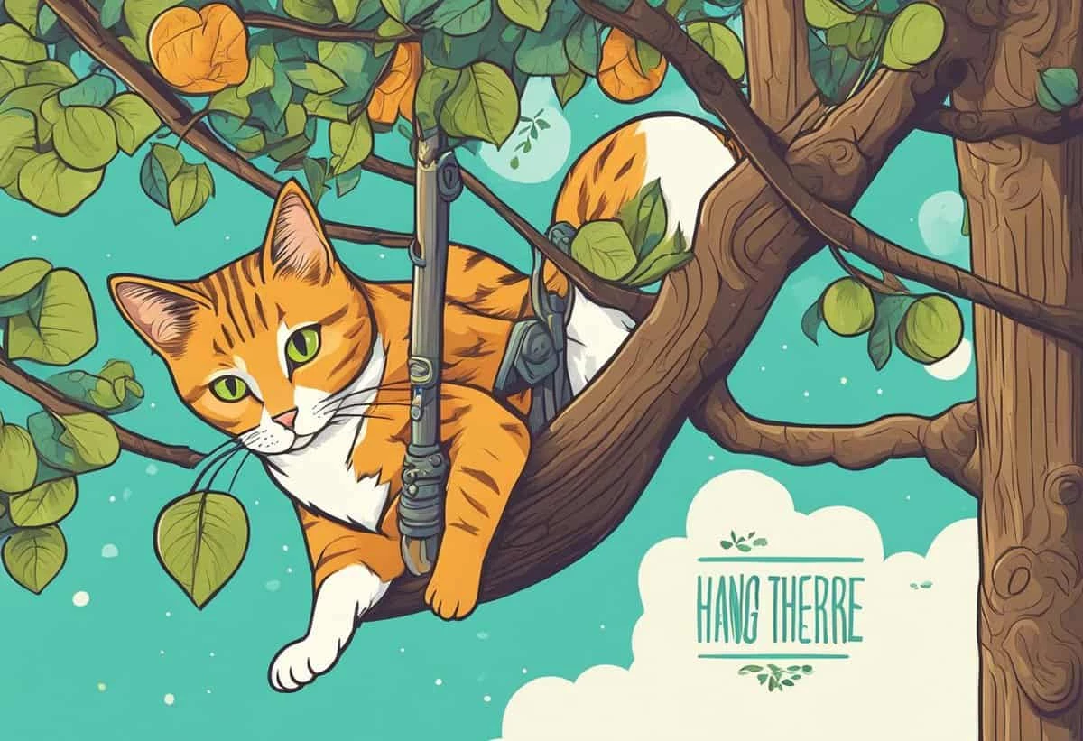 An illustrated orange tabby cat clinging to a tree branch with the phrase "hang in there" displayed below it.