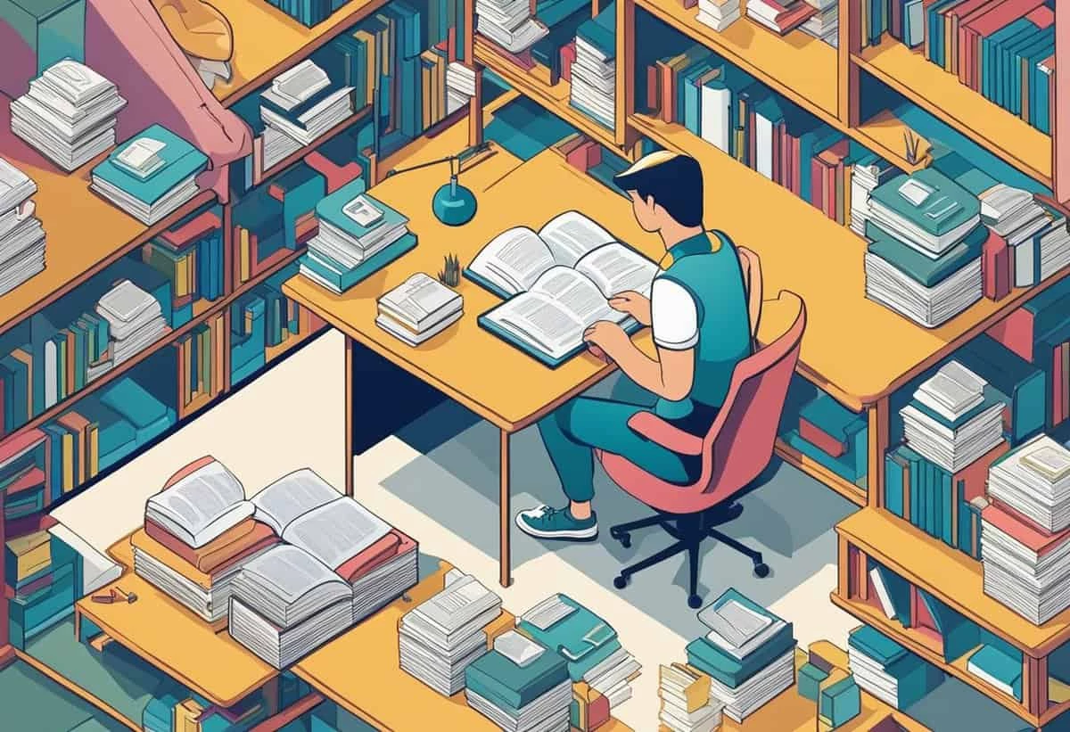 Man immersed in reading at a desk surrounded by towering stacks of books in a library.