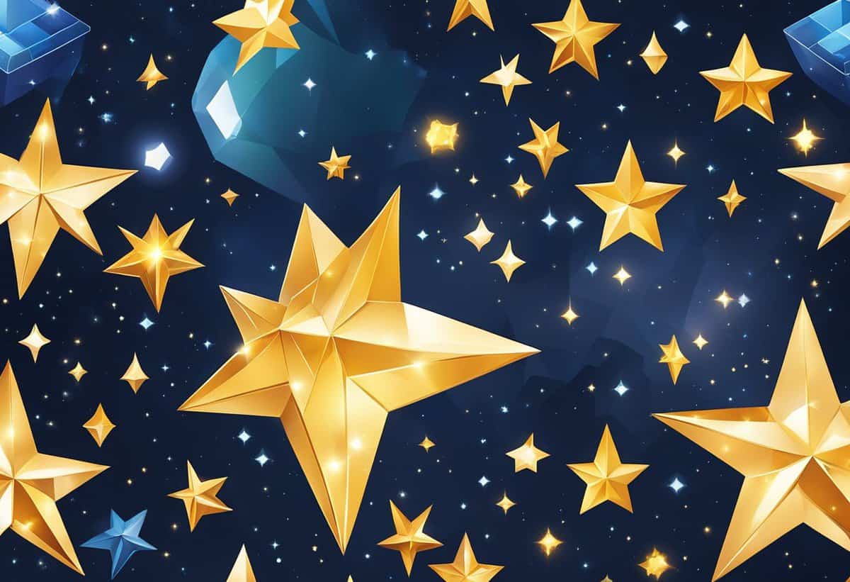 A digital illustration of golden stars of various sizes against a dark blue celestial background with sparkling lights and geometric shapes.