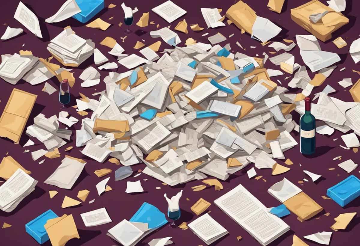 A chaotic pile of scattered books and papers with a bottle and glass on a purple background.