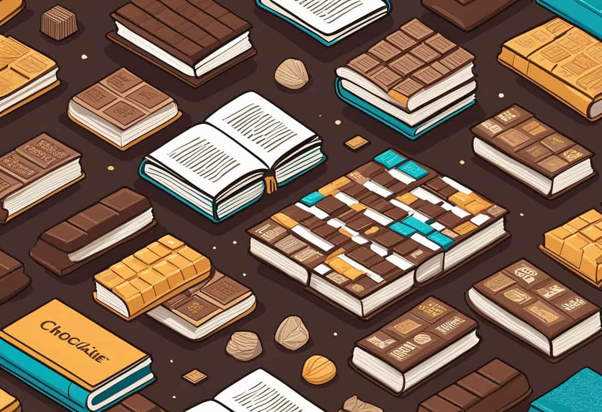 An illustration featuring an assortment of books interspersed with various types of chocolate bars and pieces.