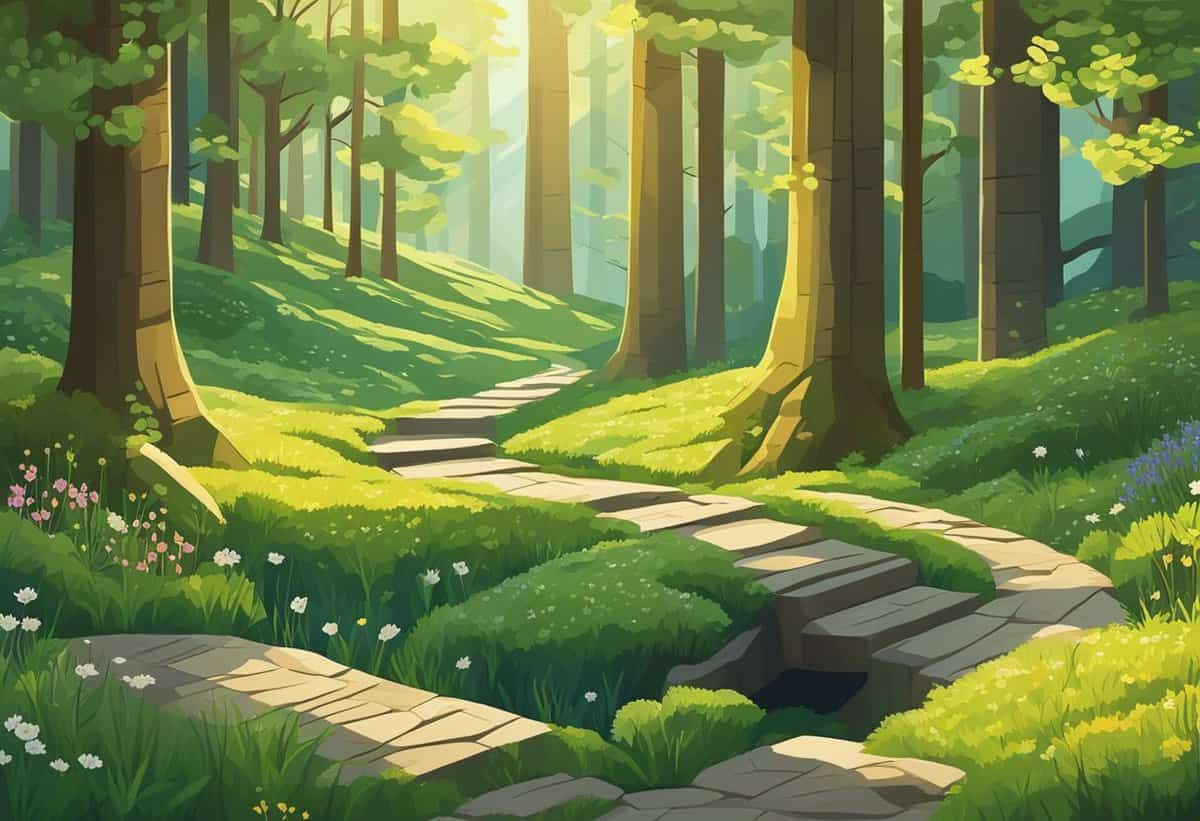Stone path winding through a lush, sunlit forest clearing.