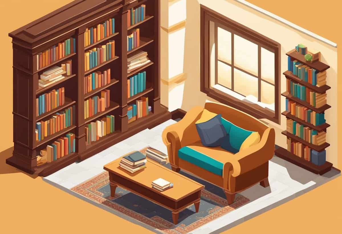 Cozy reading nook with large bookshelves and comfortable armchair.