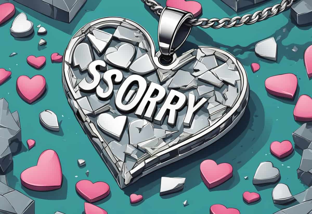 A silver heart-shaped pendant with the word "sorry" surrounded by broken pieces of pink hearts.