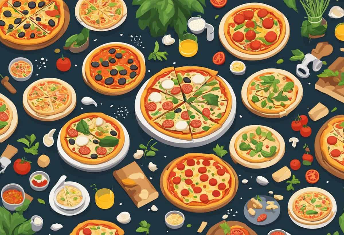 An illustration showcasing a variety of pizzas surrounded by ingredients and cooking utensils.