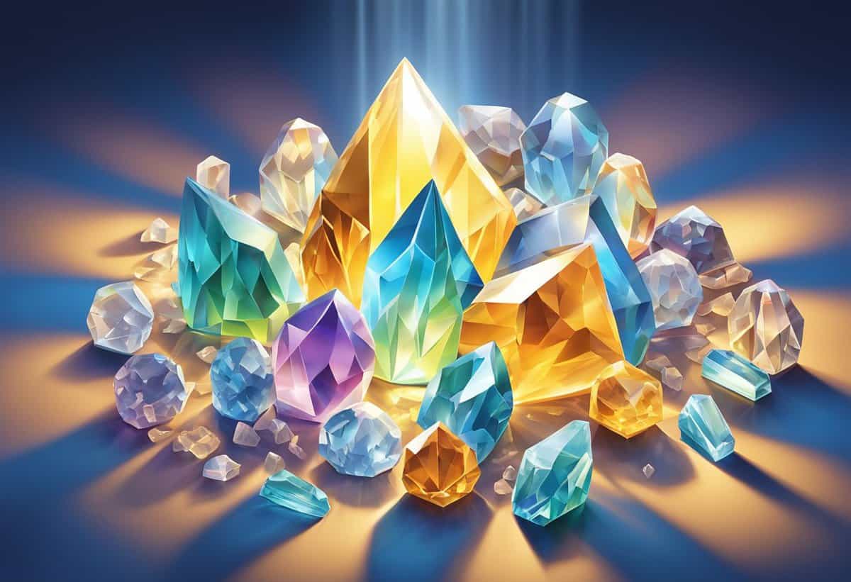 A collection of vibrant, multi-colored crystal gems against a radiant blue background with light beams.