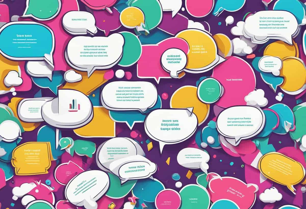 Colorful speech bubbles with various texts and charts on a vibrant background, symbolizing active and diverse communication.