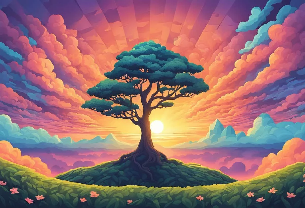 Colorful illustration of a lone tree on a hill with a sunset and vibrant cloud formations in the background.