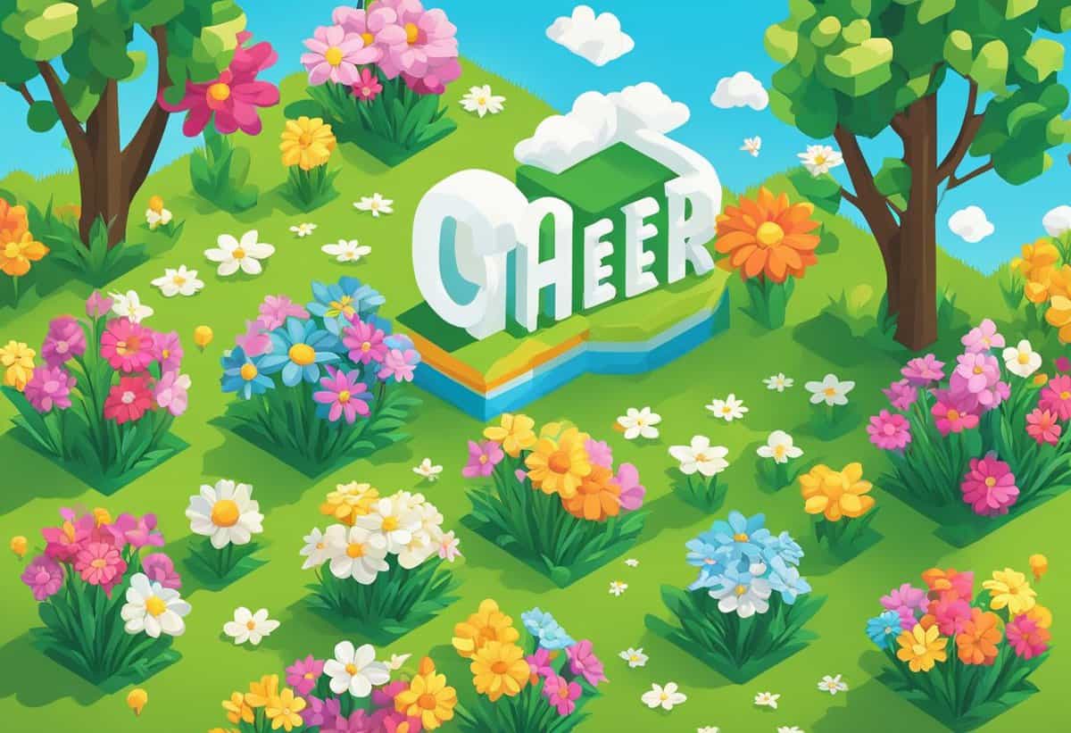 A colorful, stylized illustration of a springtime landscape with a large 3d text that reads "cheer" amidst vibrant flowers and trees.