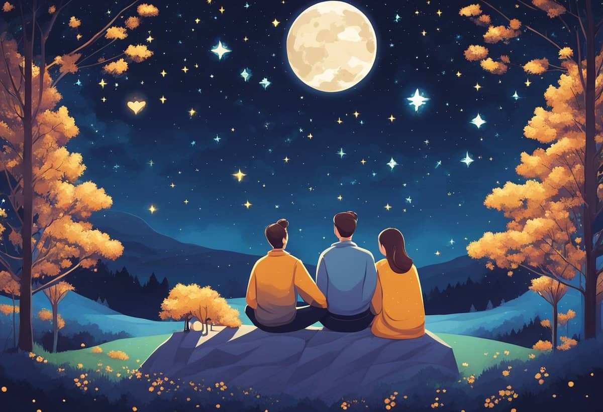Three friends sitting together under a starry night sky, with a large moon illuminating the landscape.