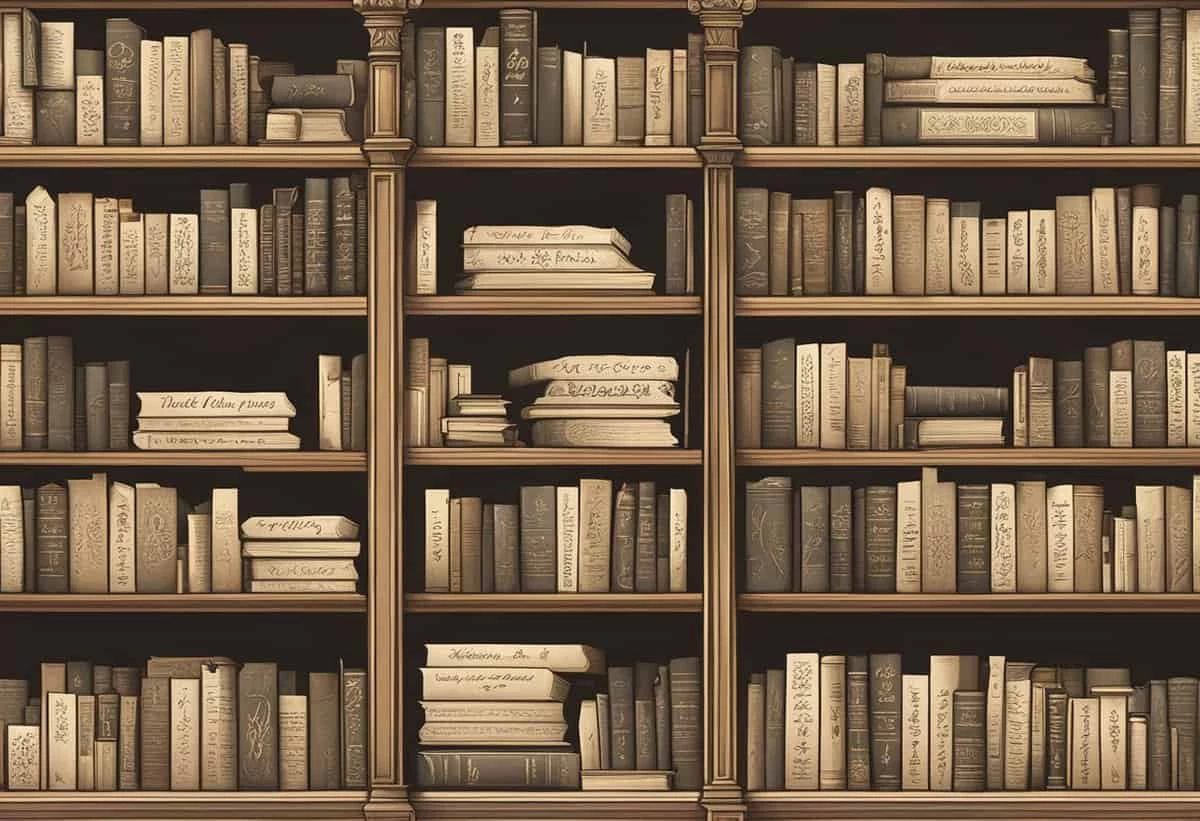 A sepia-toned image of bookshelves filled with neatly arranged books, some with legible spines.