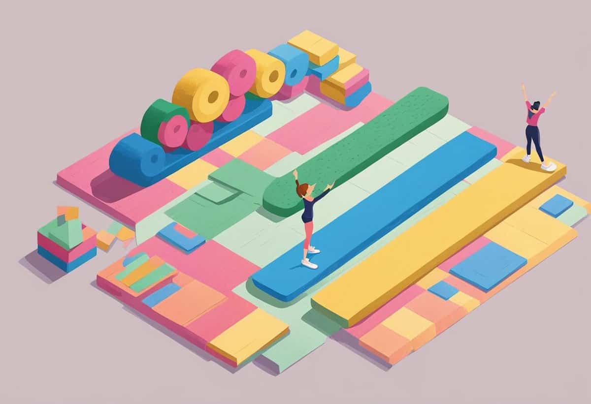 A colorful, stylized illustration of a gymnastics scene with athletes and equipment on a mat.
