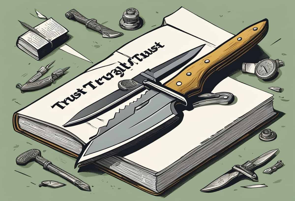 An illustration of an open book with the words "trust twist trust" on the pages, accompanied by an array of knives and a broken pocket watch, all set against a green background.
