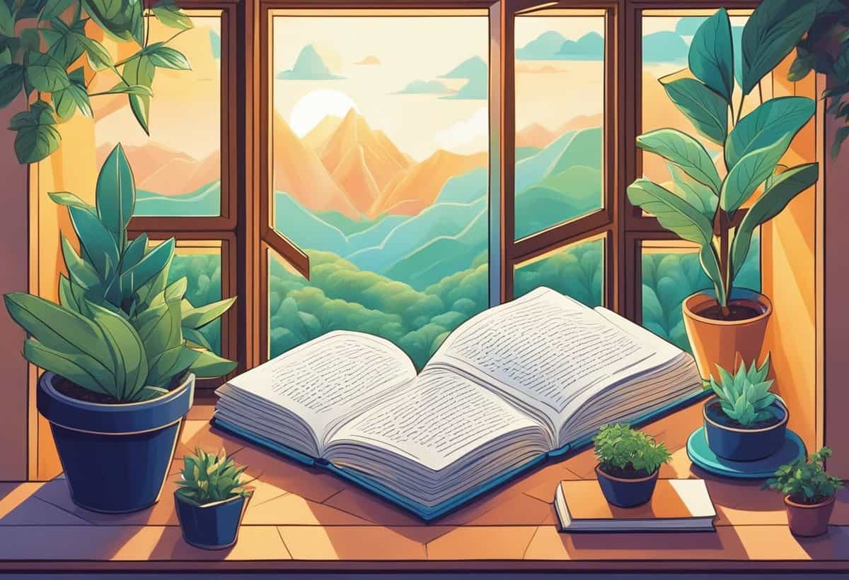 A tranquil reading nook with an open book on the sill of a window offering a view of a mountainous landscape at sunrise, flanked by potted plants.